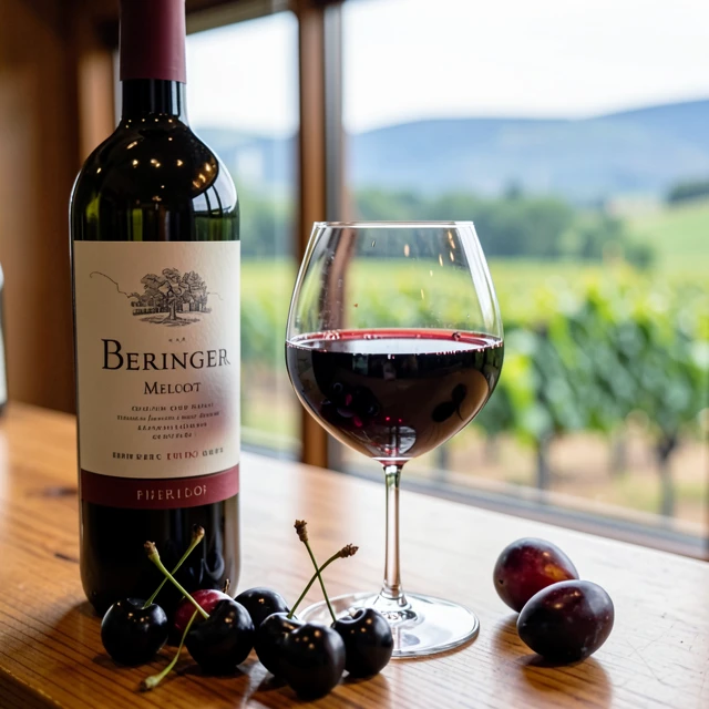 A glass of Beringer Merlot ready for tasting