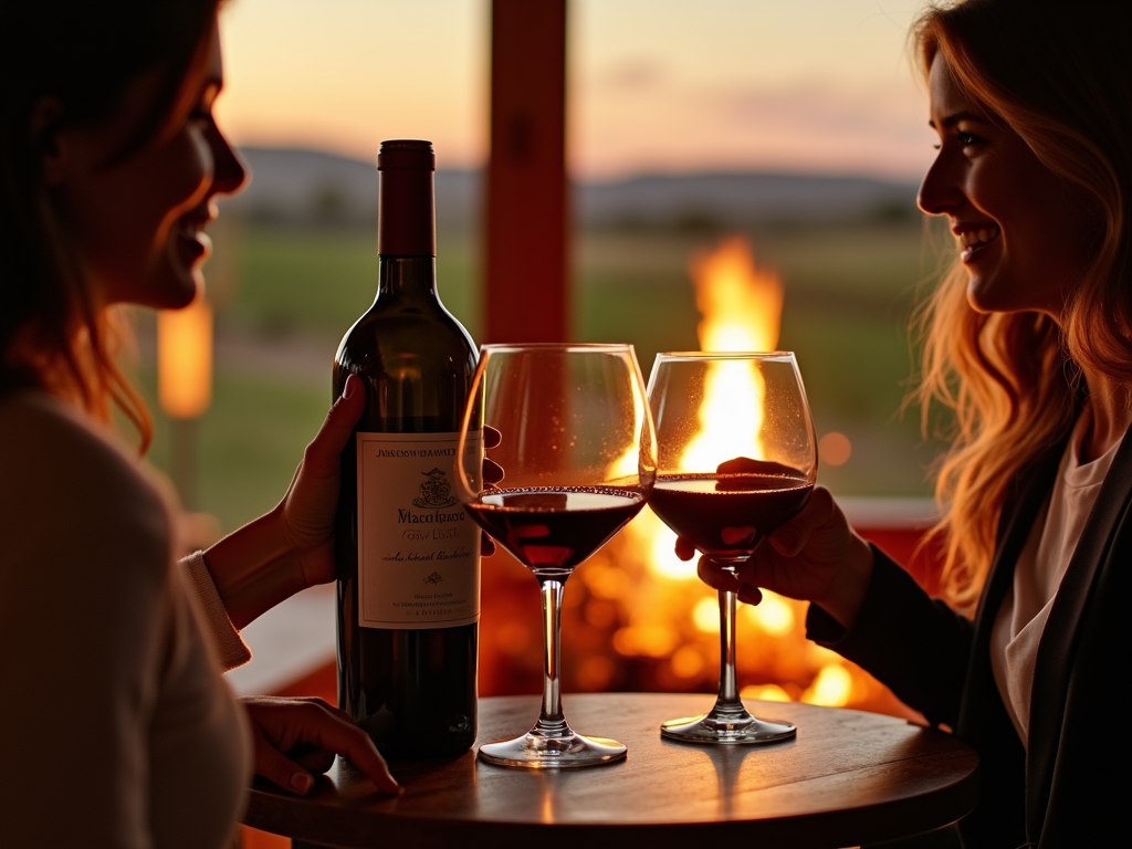 Couple enjoying wine by the fire