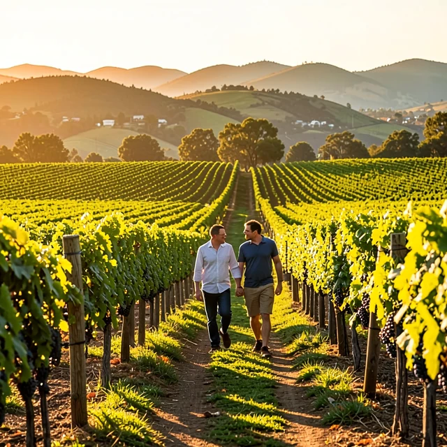 Family strolling through Sonoma vineyard at sunset