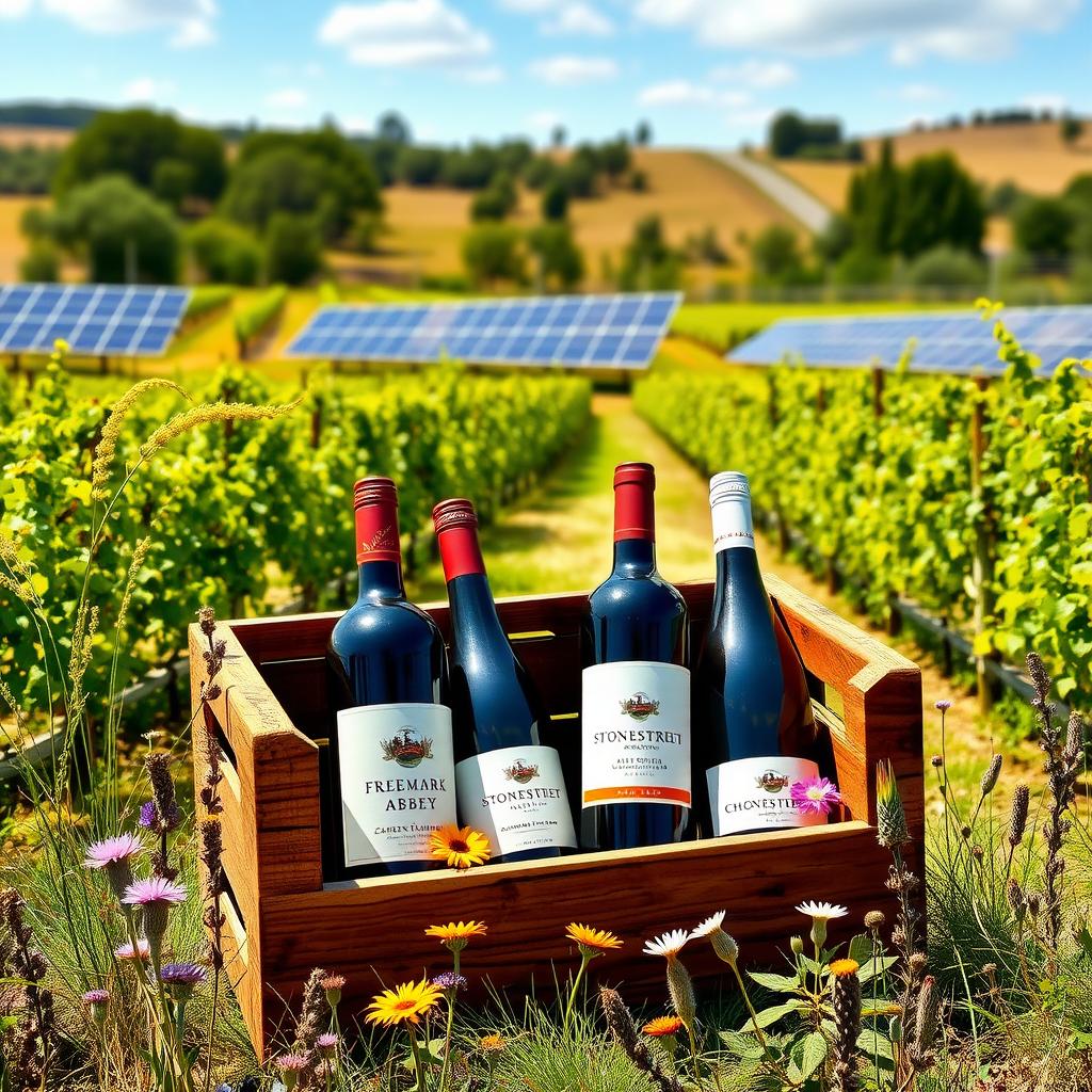 Sustainable vineyard with Jackson Family Wines bottles in a wooden crate