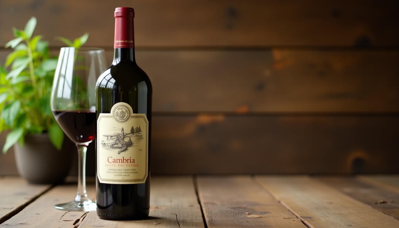 A bottle of Cambria wine sitting on a rustic wooden table.