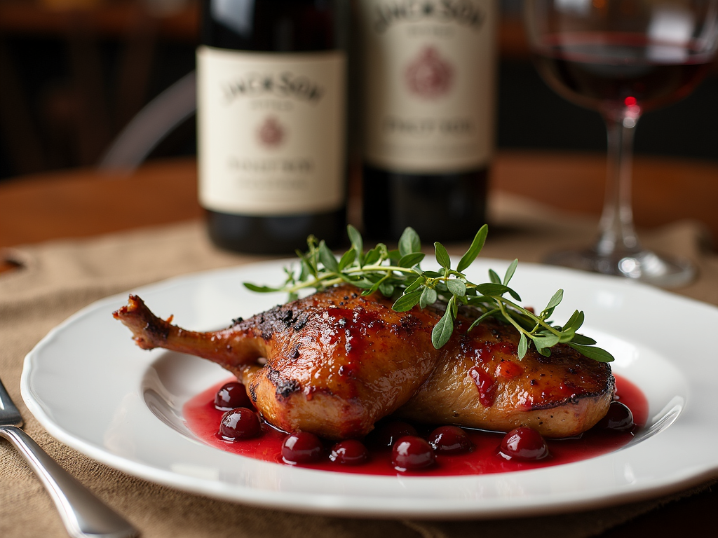 A plate of roasted duck paired with a glass of organic Pinot Noir from Jackson Family Wines.