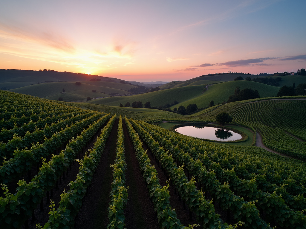 Sustainable organic vineyard at dusk
