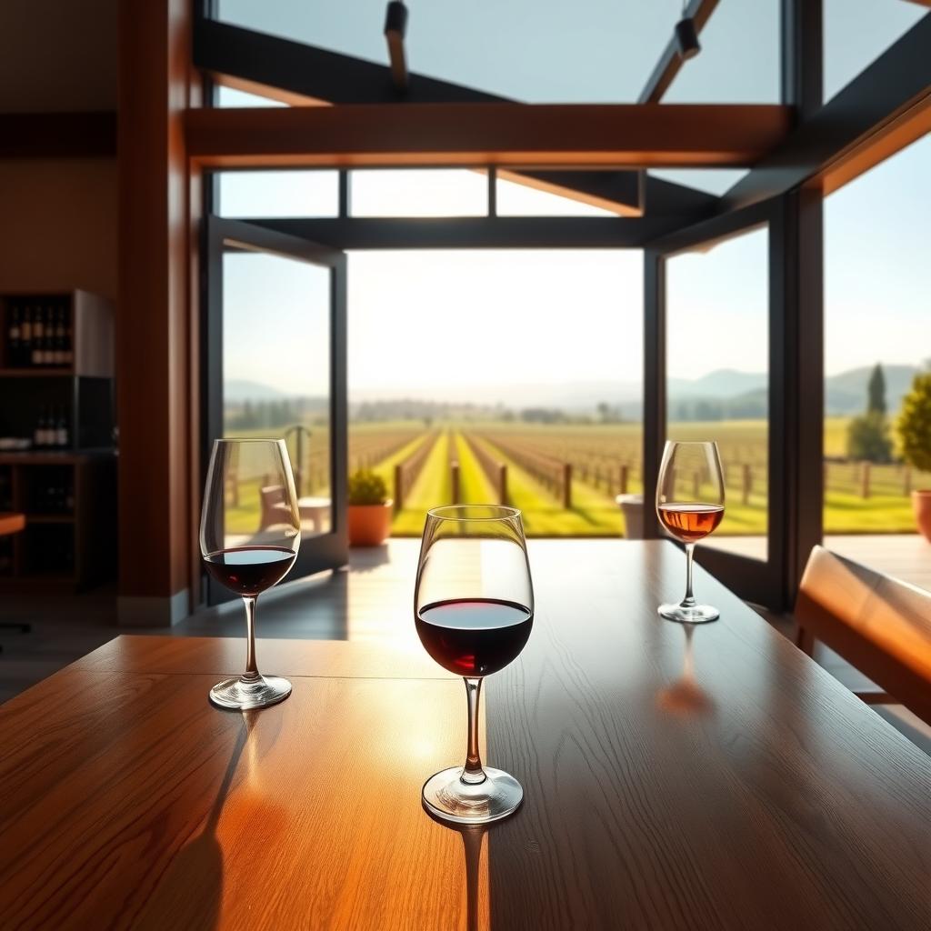 Modern Napa Valley winery tasting room with wine glasses and vineyard views