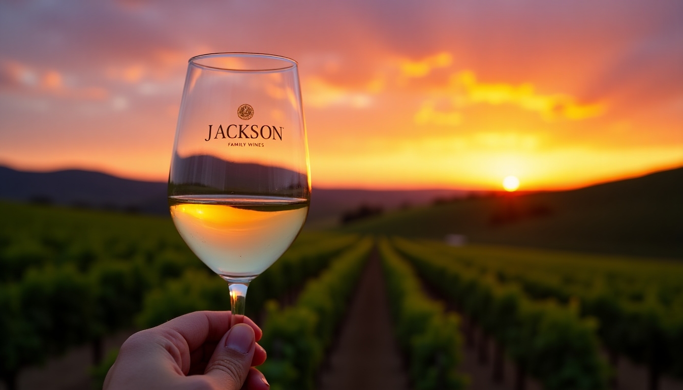 A person holding a wine glass against the backdrop of a vineyard during sunset.