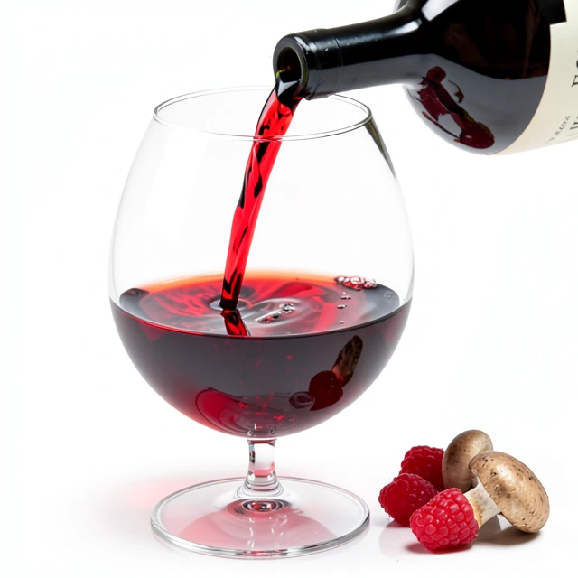 Close-up of Pinot Noir wine in a glass with raspberries and mushrooms
