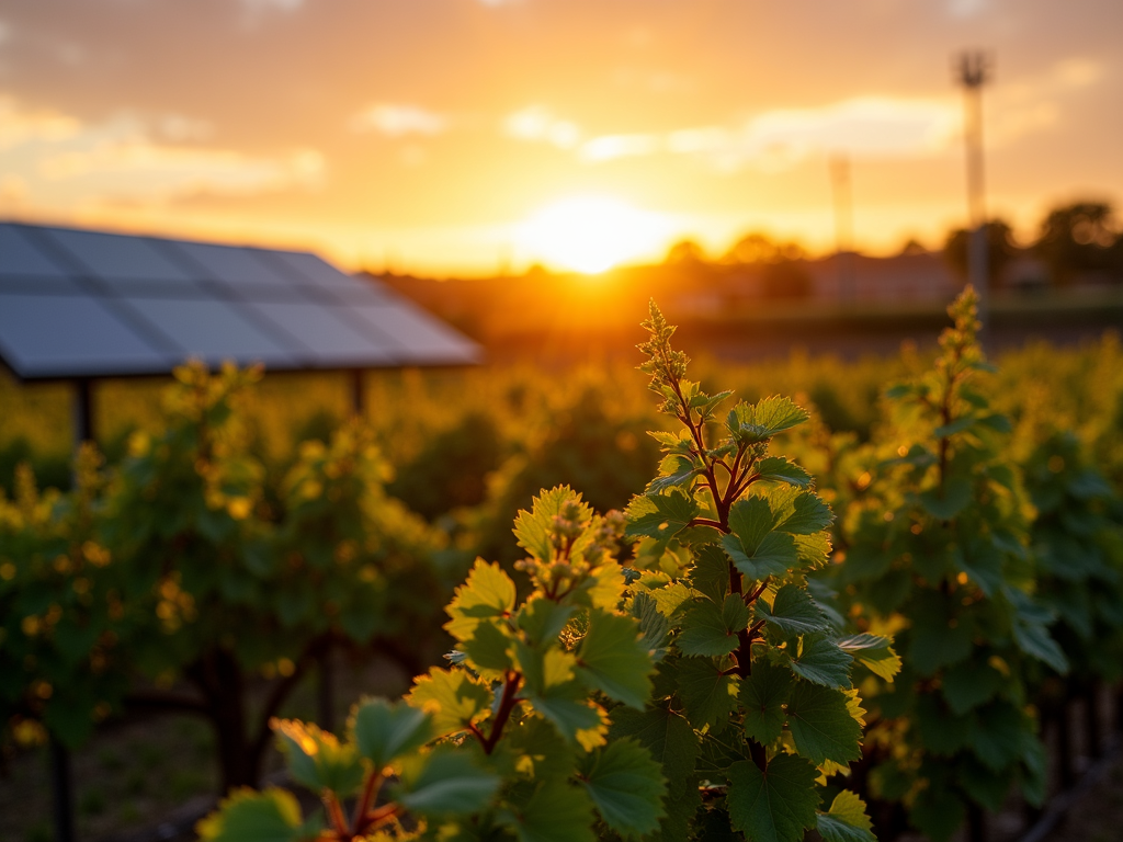 A serene vineyard at sunset with solar panels, highlighting sustainable energy use.