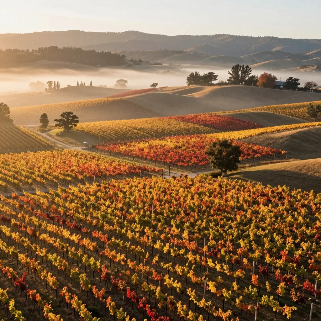 Aerial view of colorful autumn vineyards in Sonoma County, California