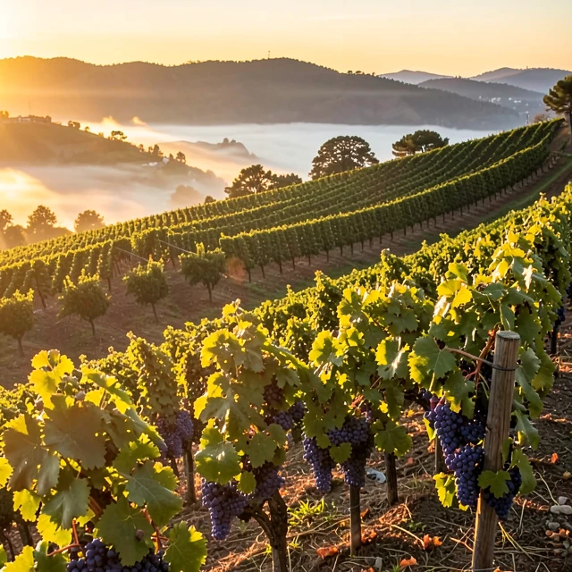 Vineyard landscape at sunset showing terroir elements