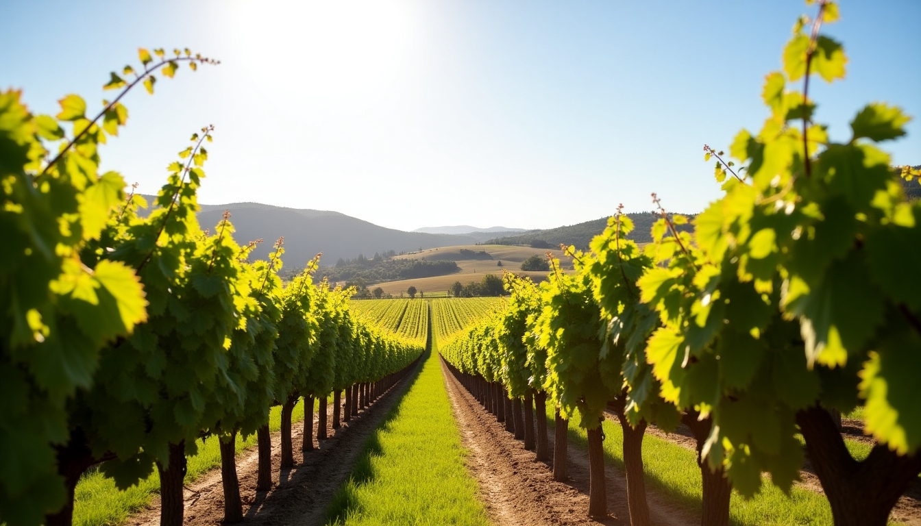 A picturesque vineyard under a clear blue sky with rows of grapevines stretching towards the horizon, symbolizing the rich heritage of Jackson Family Wines.
