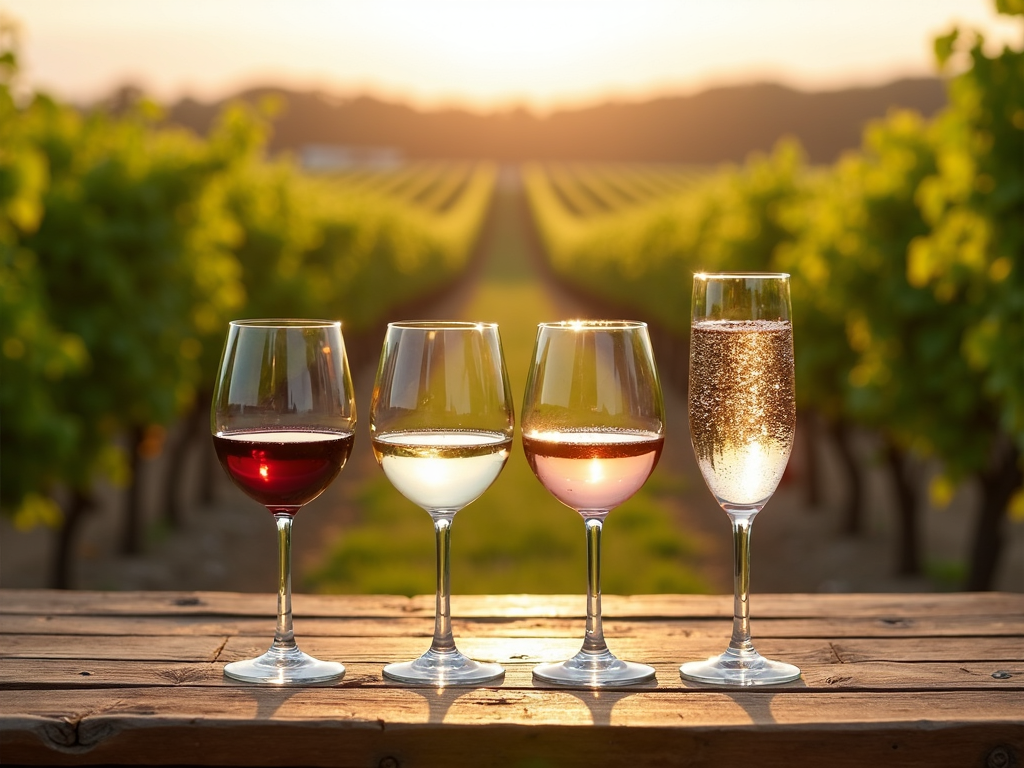 Four wine glasses showcasing red, white, rosé, and sparkling wines, set against a picturesque vineyard backdrop.