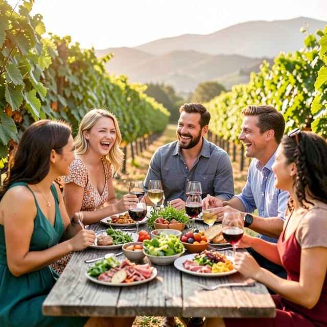 Friends enjoying a wine and food picnic in a vineyard
