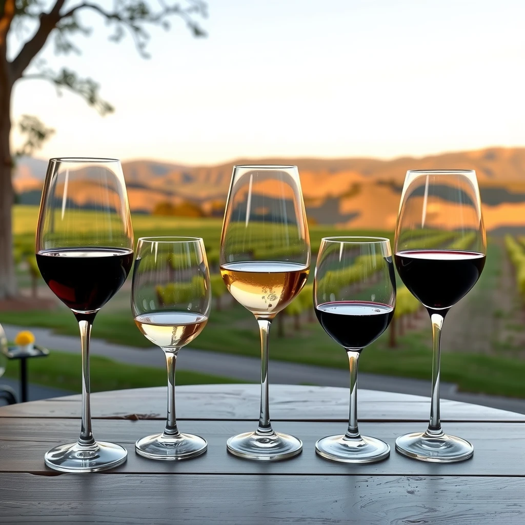 Elegant wine tasting setup with glasses of red and white wine overlooking a winery estate
