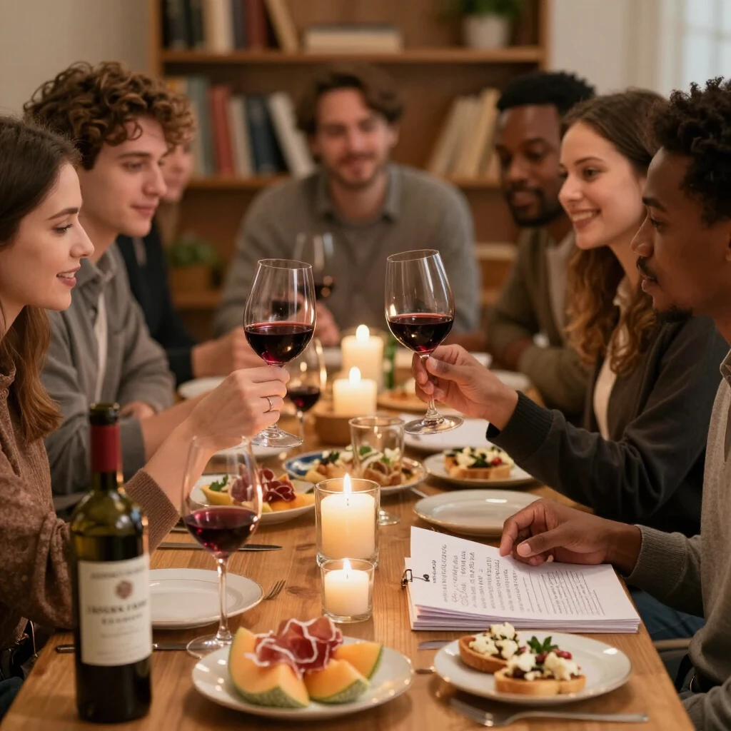 Friends enjoying a lively wine tasting discussion