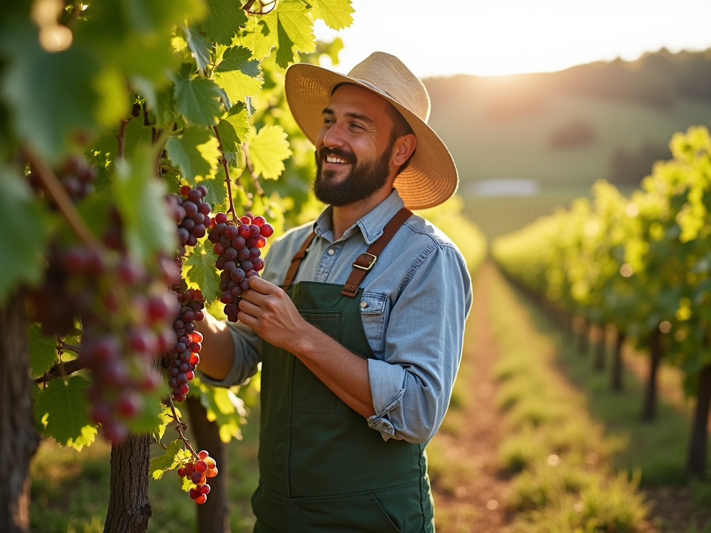 Farmer checking organic grapes in vineyard