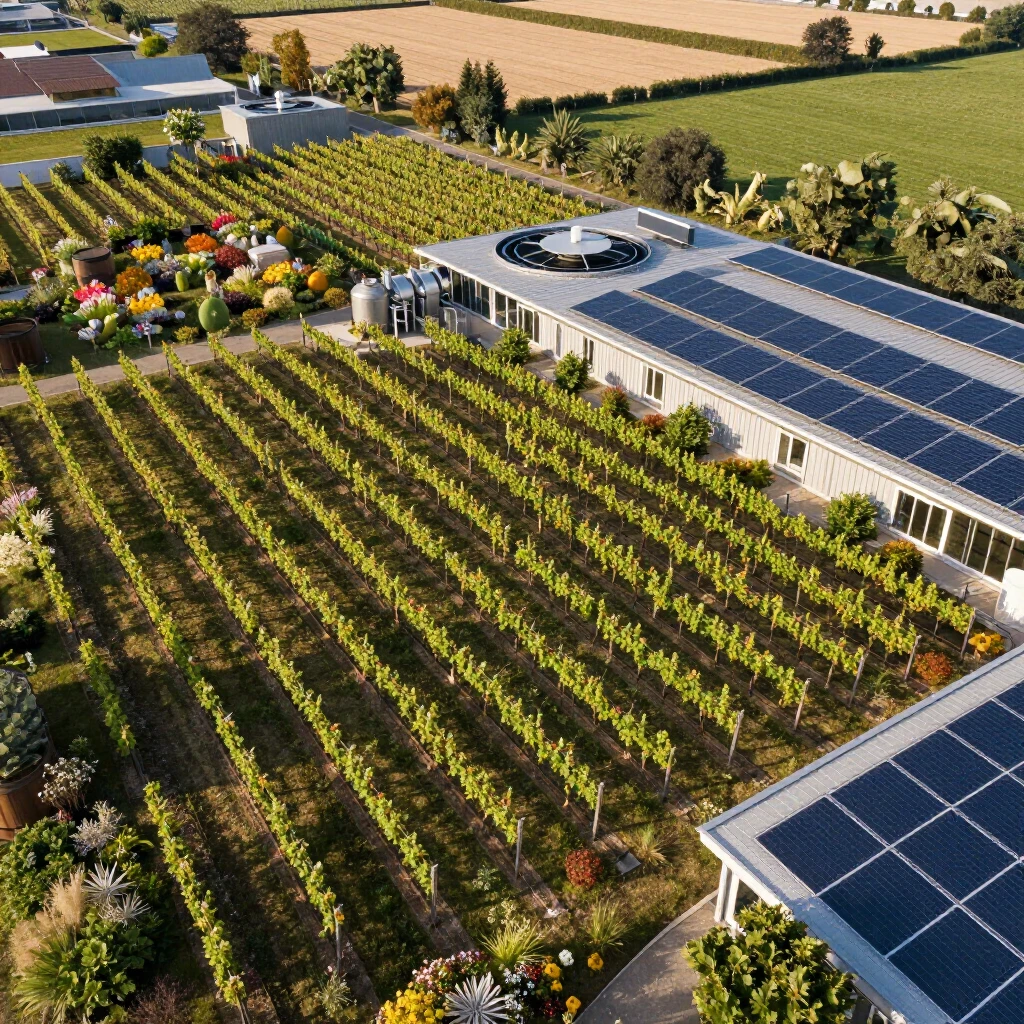Aerial view of sustainable winery with organic vineyards and eco features