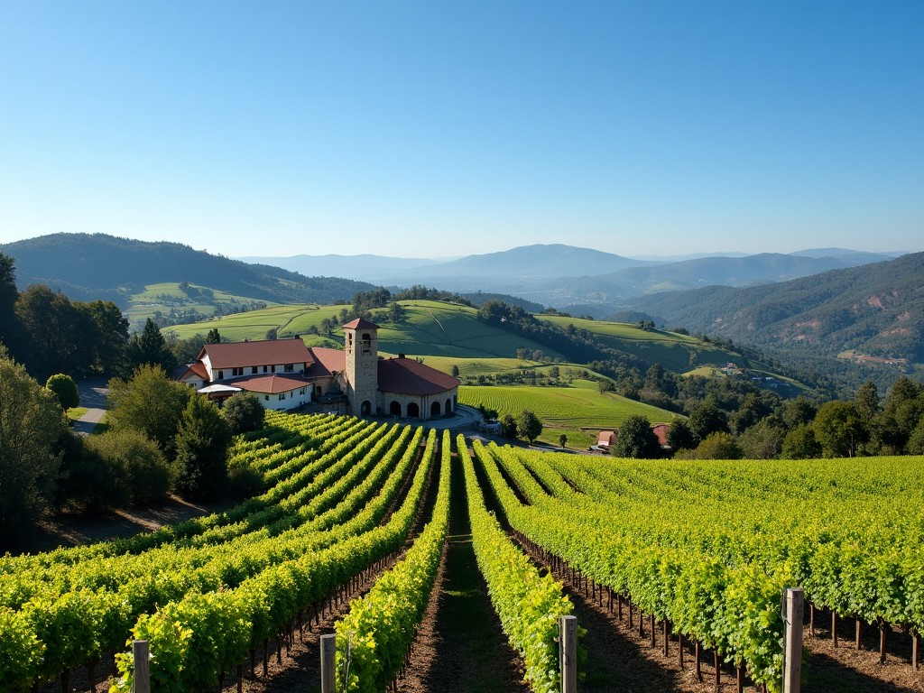A historic Beringer estate with lush vineyards and a classic winery building under a clear blue sky.