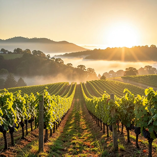 Sonoma Coast Pinot Noir vineyards at sunrise with morning fog