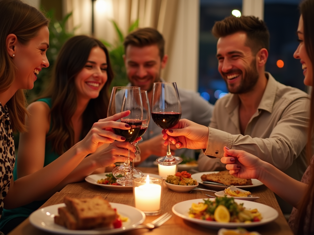 Friends having a wine and food pairing dinner.