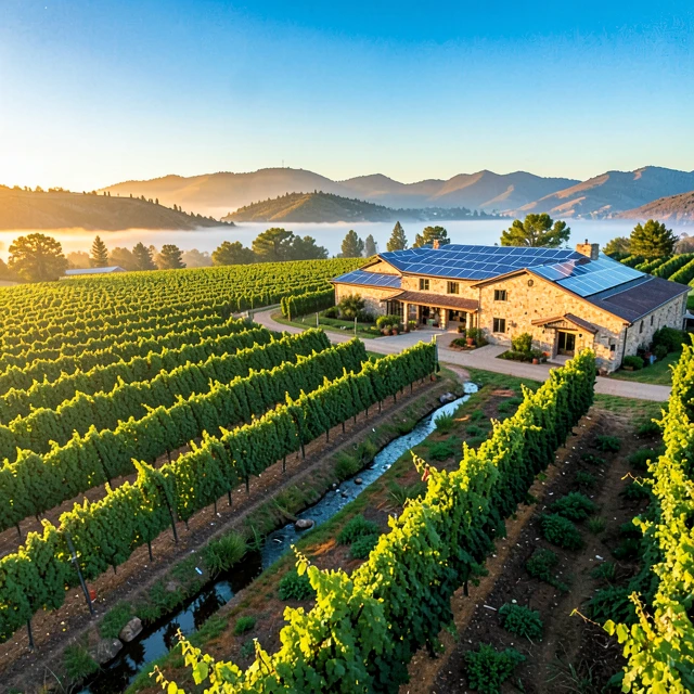 Aerial view of Beringer Vineyards with solar panels and sustainable green practices