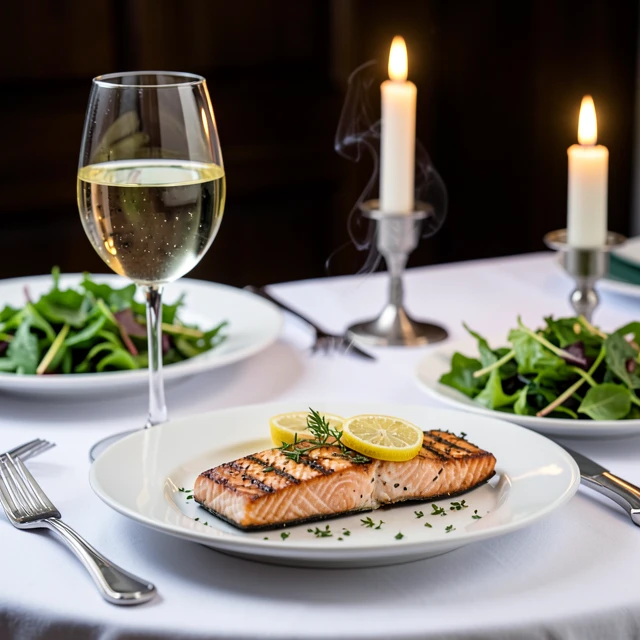Classic salmon and white wine food and wine pairing on a dining table