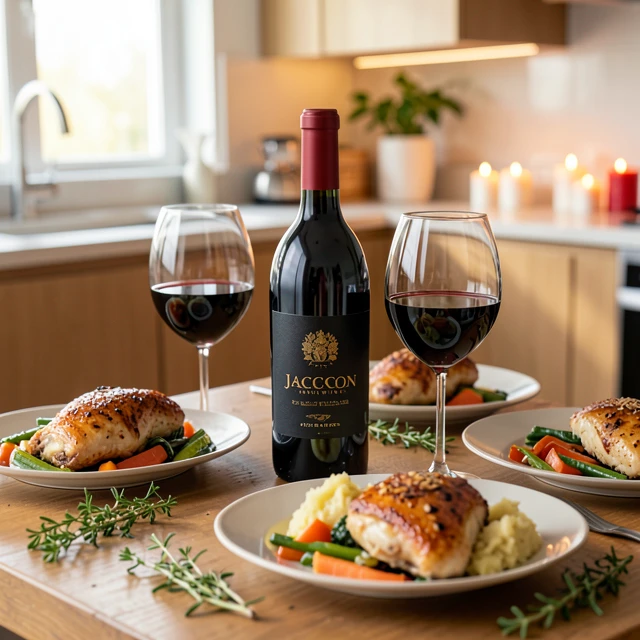 Cozy family dinner table with Jackson Family Wines paired alongside roasted chicken and everyday sides