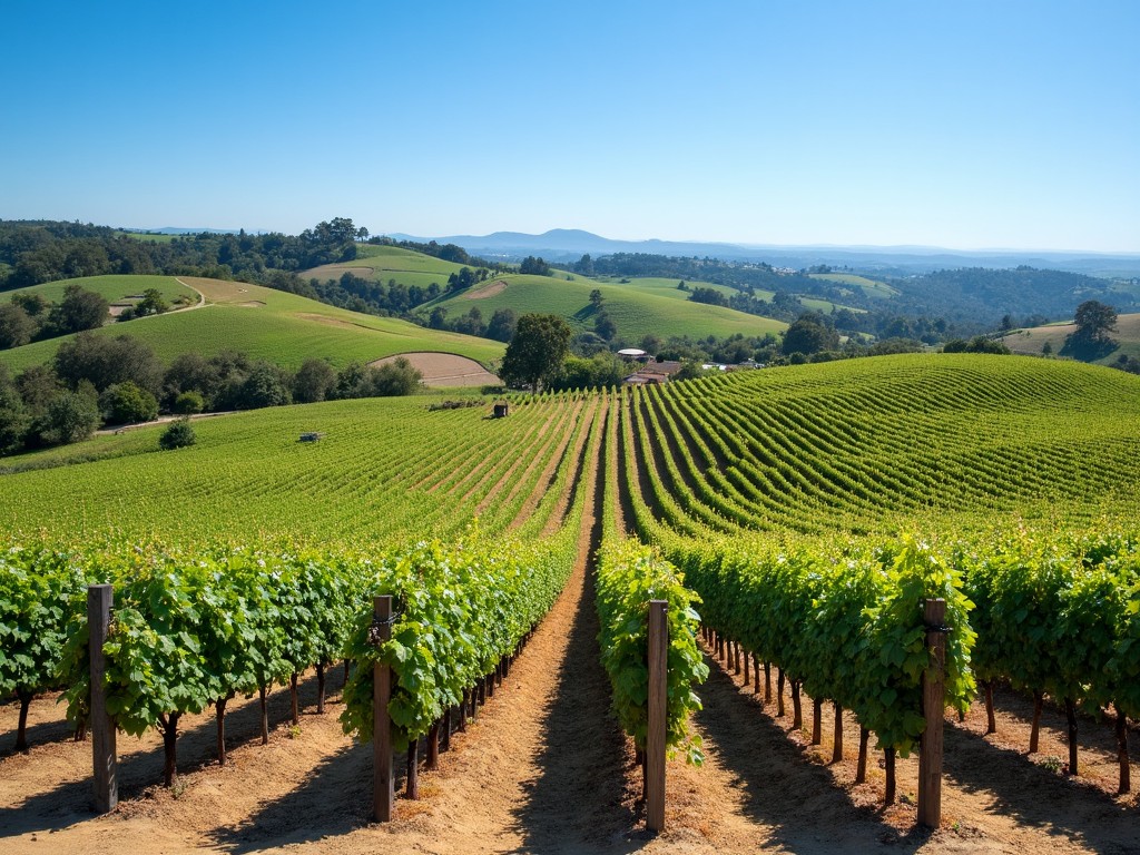 Vineyard in Sonoma County with rolling hills and grapevines stretching into the distance.