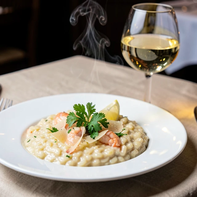 Creamy lobster risotto served with a glass of Chardonnay
