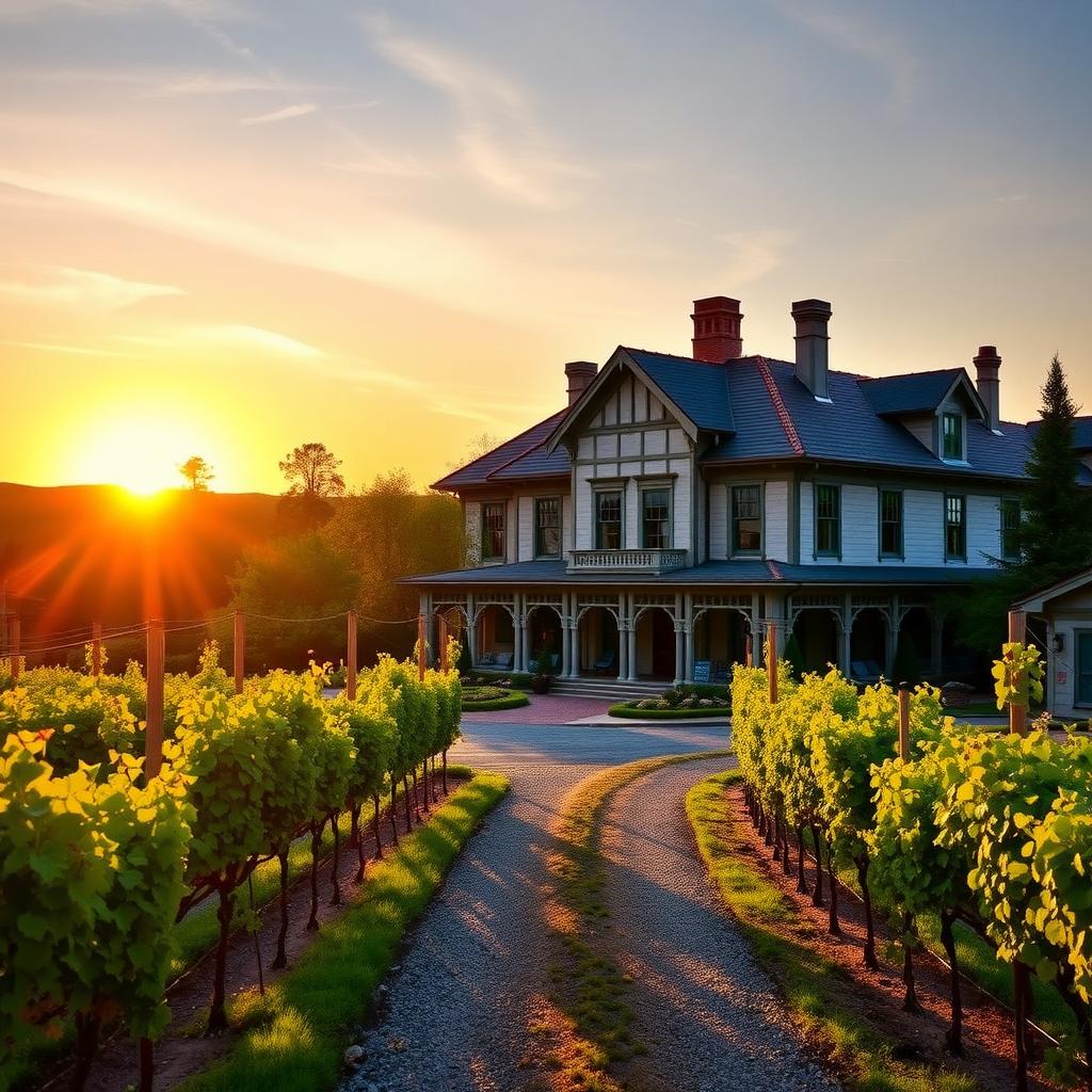 Historic Rhine House at Beringer Vineyards with vineyards and sunset in the background