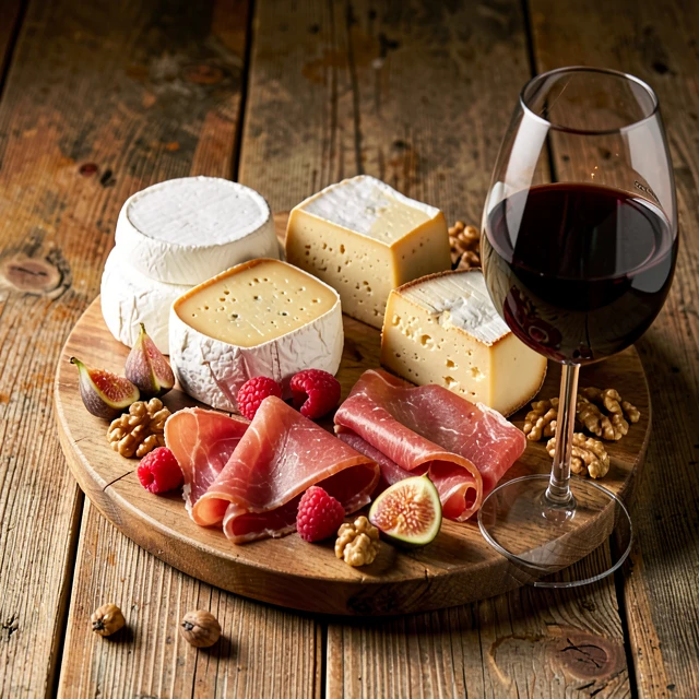 Gourmet cheese and charcuterie board paired with Pinot Noir wine
