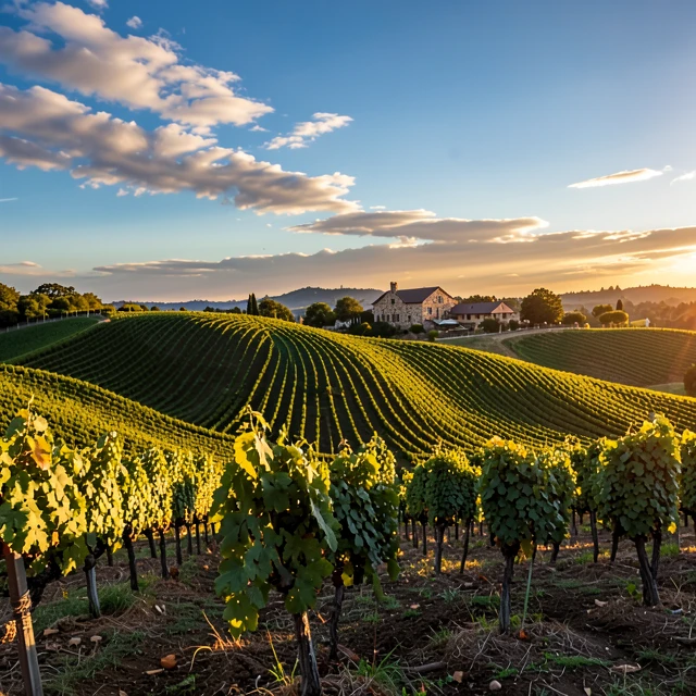 Beautiful Napa Valley vineyards at sunset with winery in the background