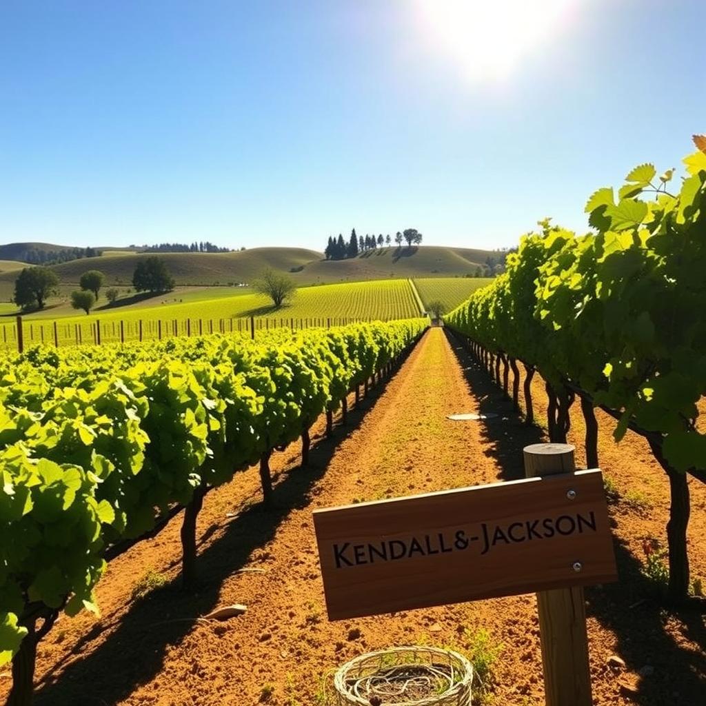 Sunlit rows of grapevines in a Sonoma County vineyard with a Kendall-Jackson sign