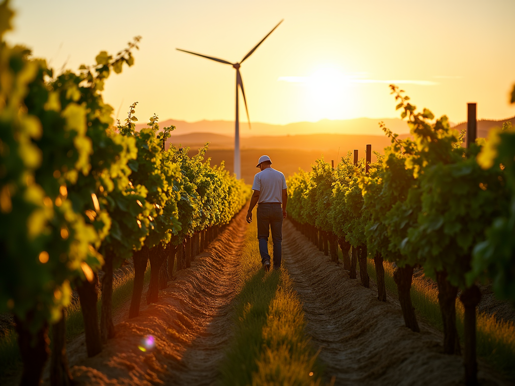 Sustainable vineyard with wind turbine and worker