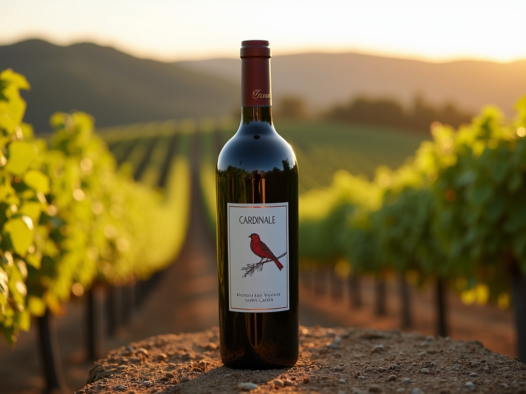 Cardinale wine bottle in Napa Valley vineyard