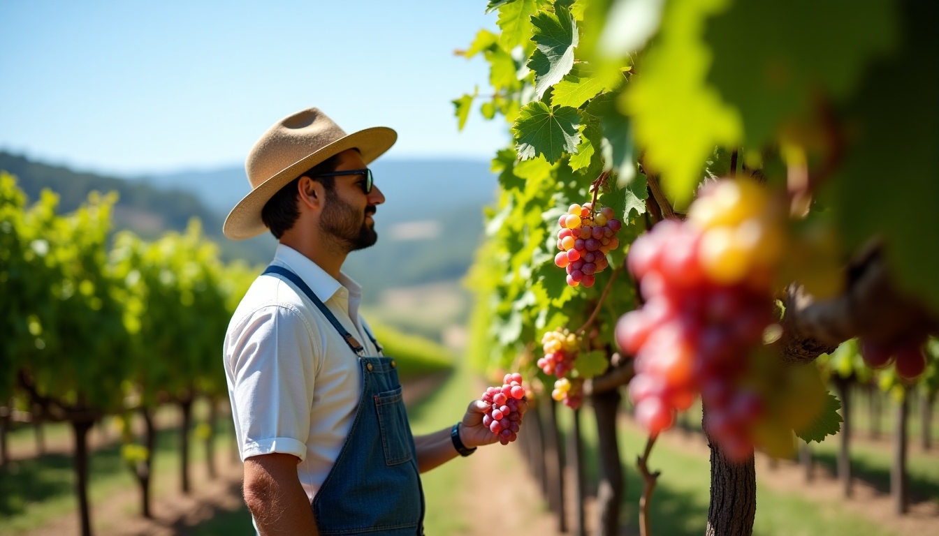 A winemaker inspecting grape quality in the vineyard, highlighting the craft behind each bottle.