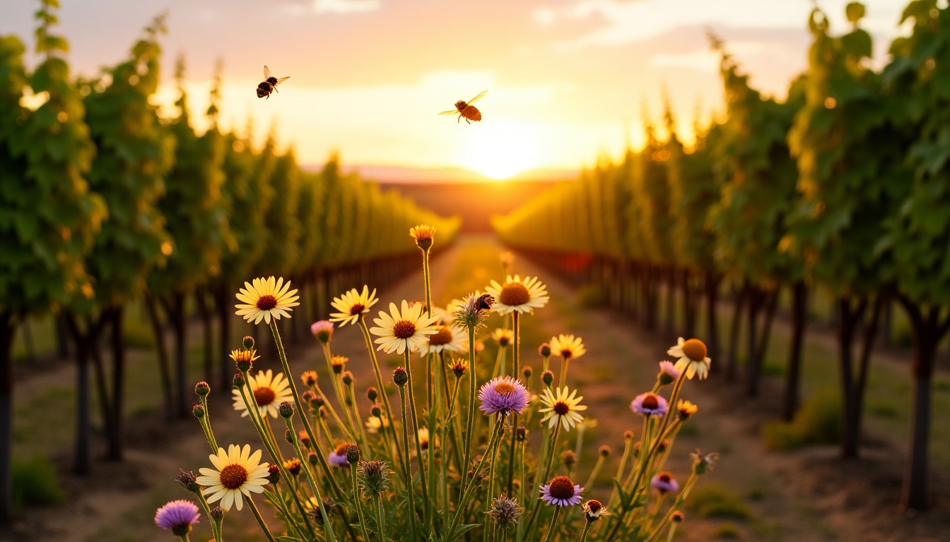 Eco-friendly vineyard with wildflowers and biodiversity