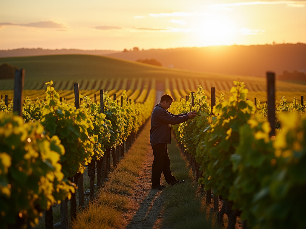 Vineyard at sunrise with workers tending to vines