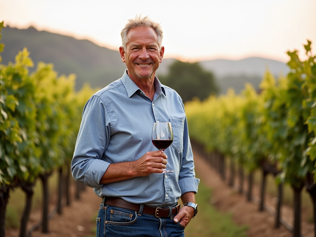 Jess Jackson in vineyard with wine glass