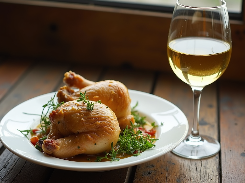 Roasted chicken paired with a glass of Chardonnay.