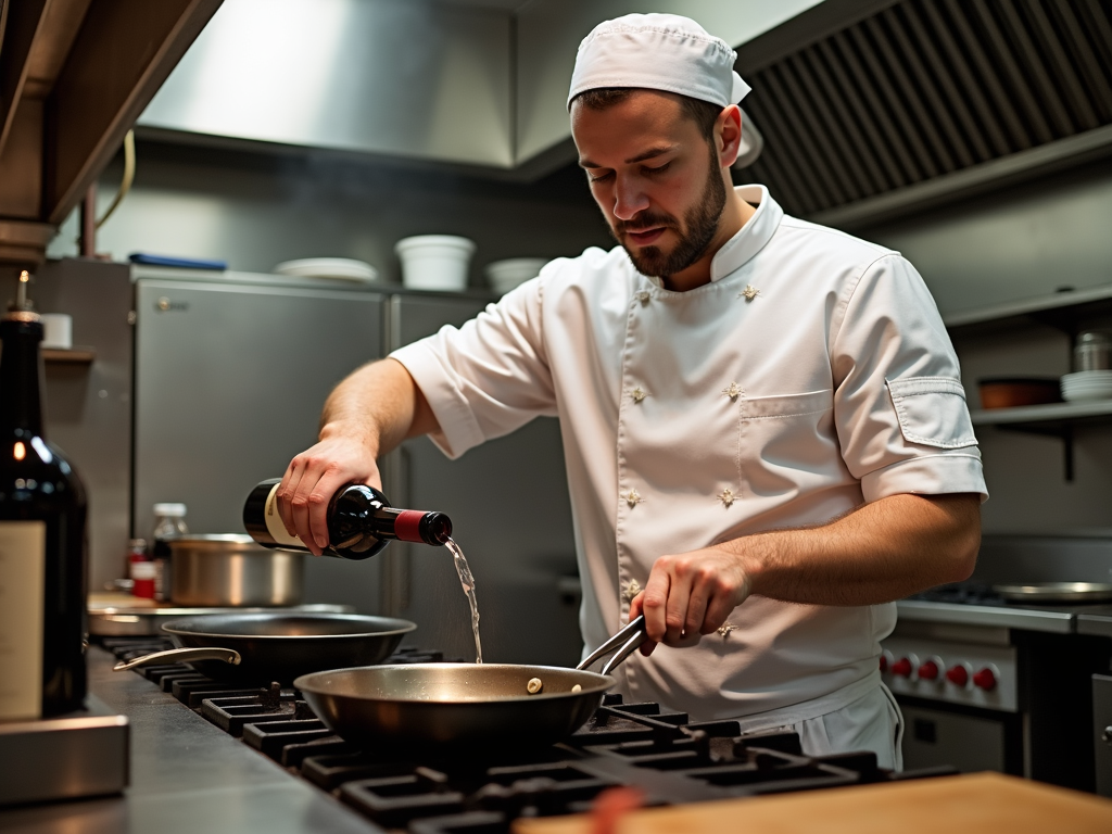 A chef using wine in cooking.