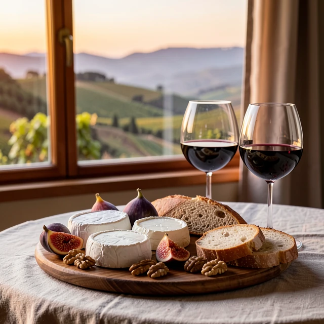 Delicious cheese platter perfectly matched with glasses of Pinot Noir wine