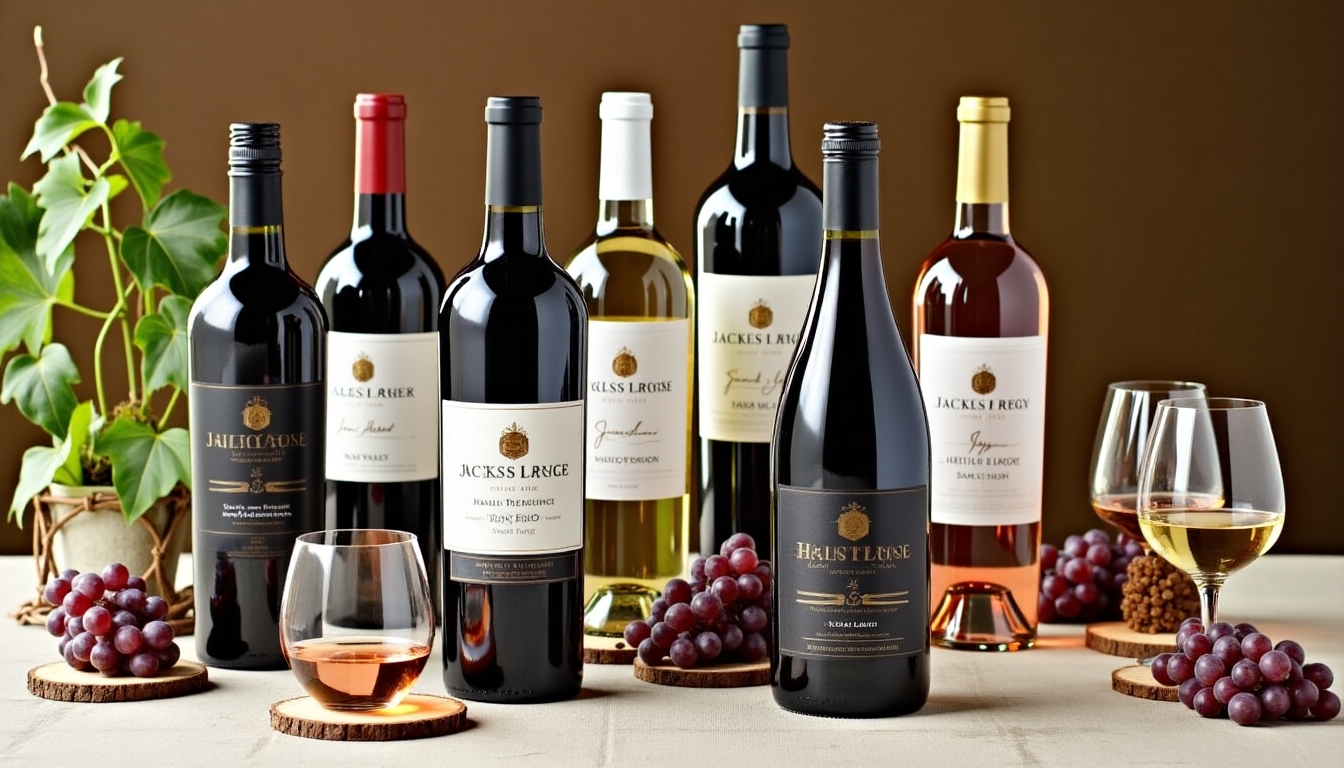 A collection of wine bottles from Jackson Family Wines displayed elegantly on a rustic wooden table.