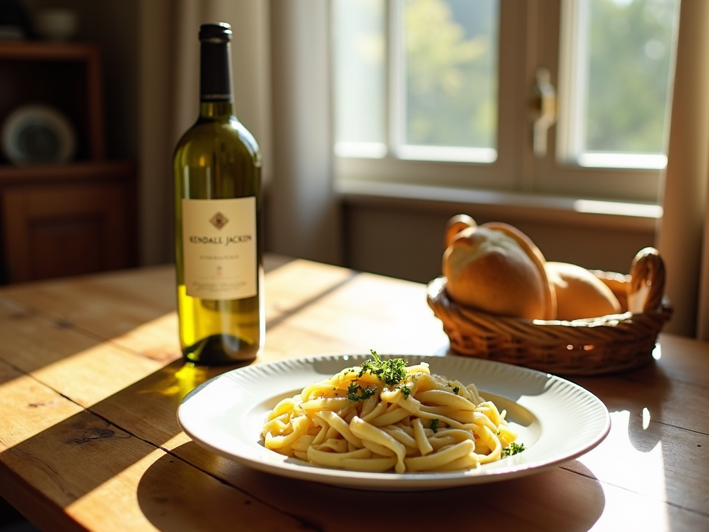 A dining table with Kendall-Jackson Chardonnay and creamy pasta.