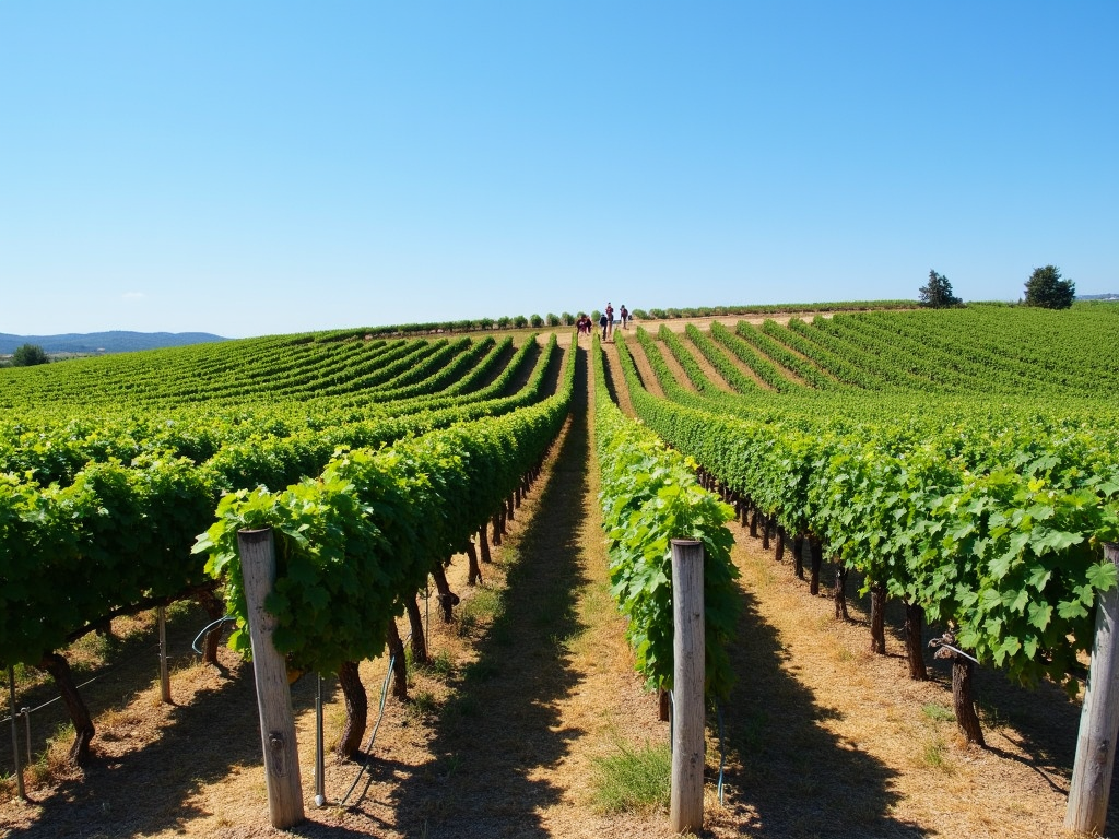 Vineyard landscape with grapevines and workers harvesting grapes