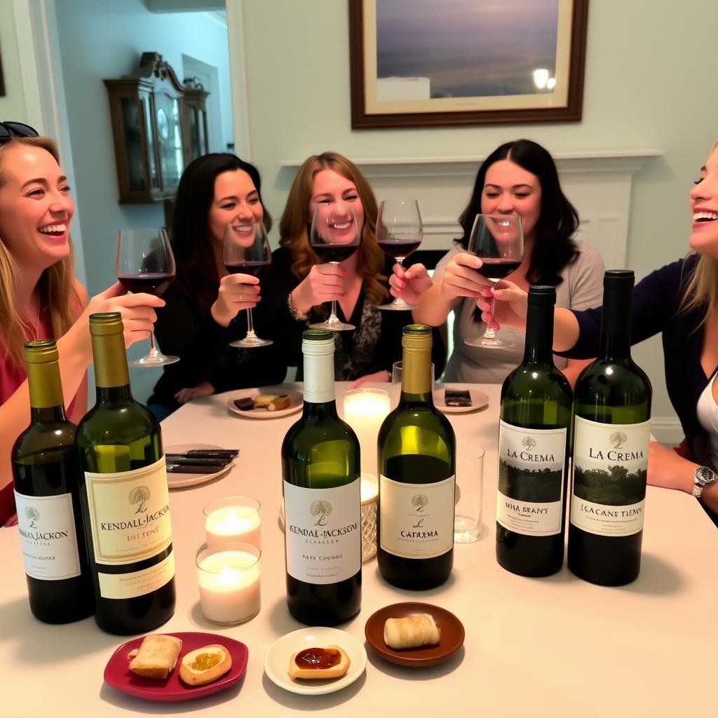 Friends toasting with wine glasses at a home tasting party featuring Kendall-Jackson and La Crema wines.