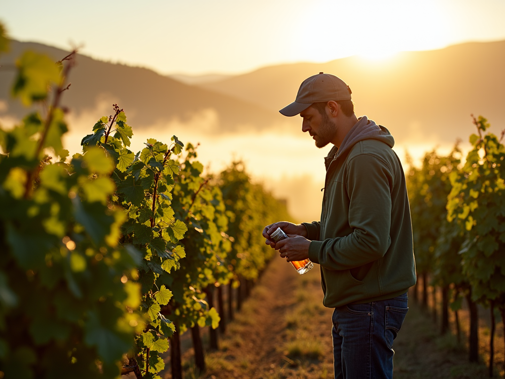 Winemaker checking grapevines