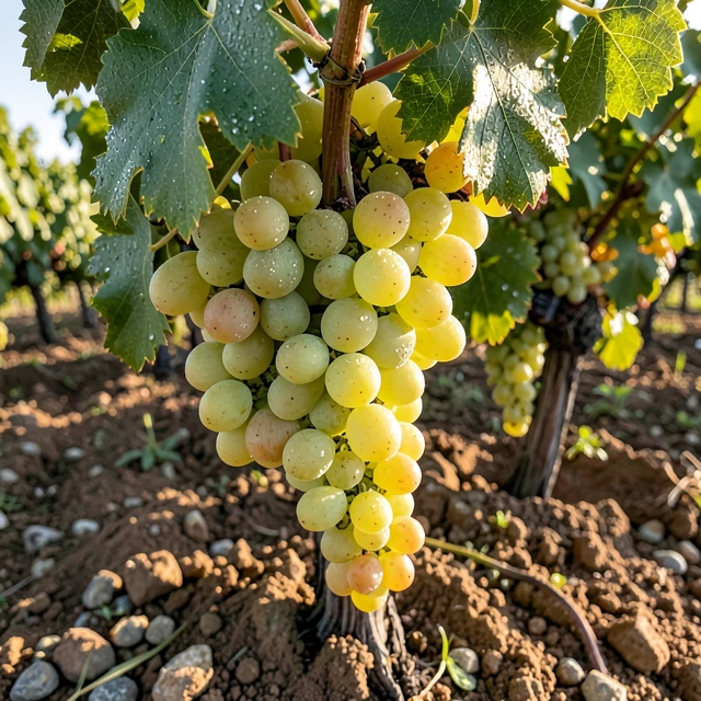 Close-up of white grapes and soil in a terroir-driven vineyard