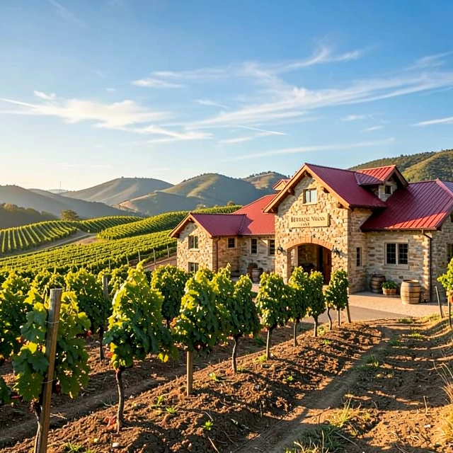 Historic Beringer Vineyards estate with grapevines and winery building in Napa Valley