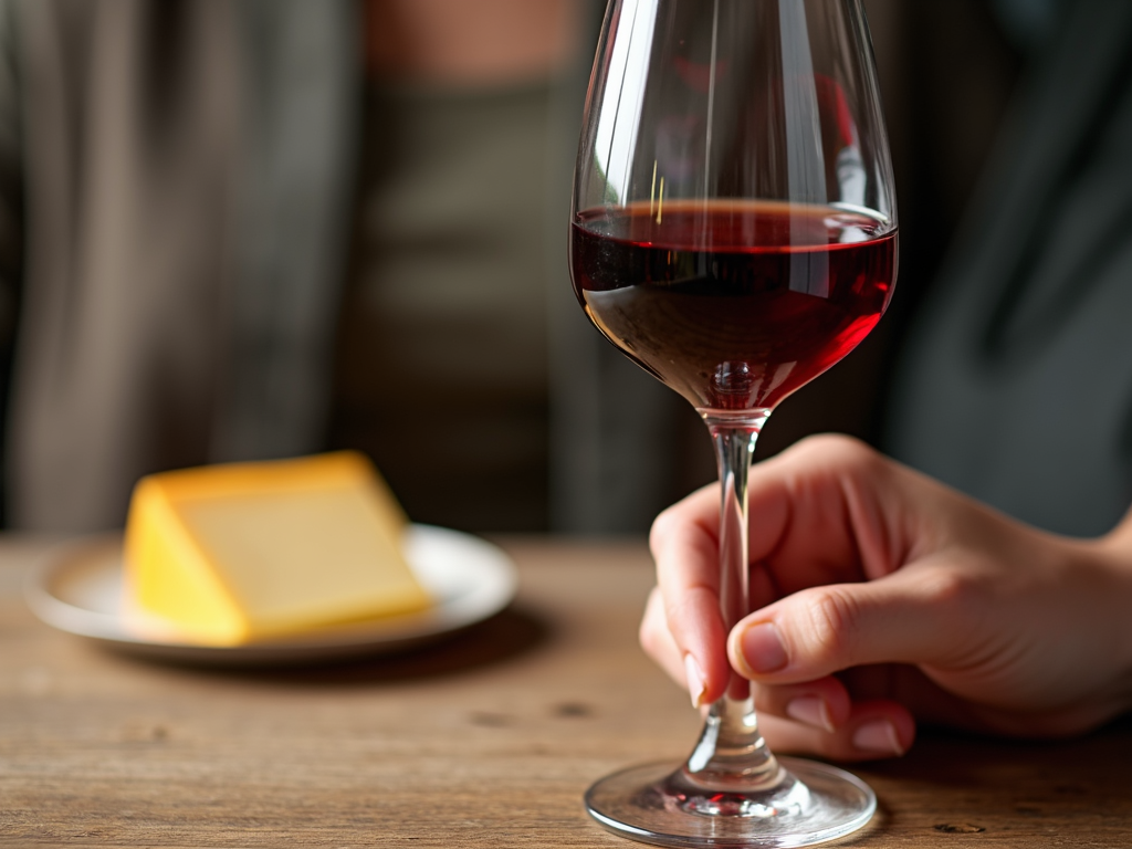 A glass of red wine and a piece of aged cheddar cheese, ready for pairing.