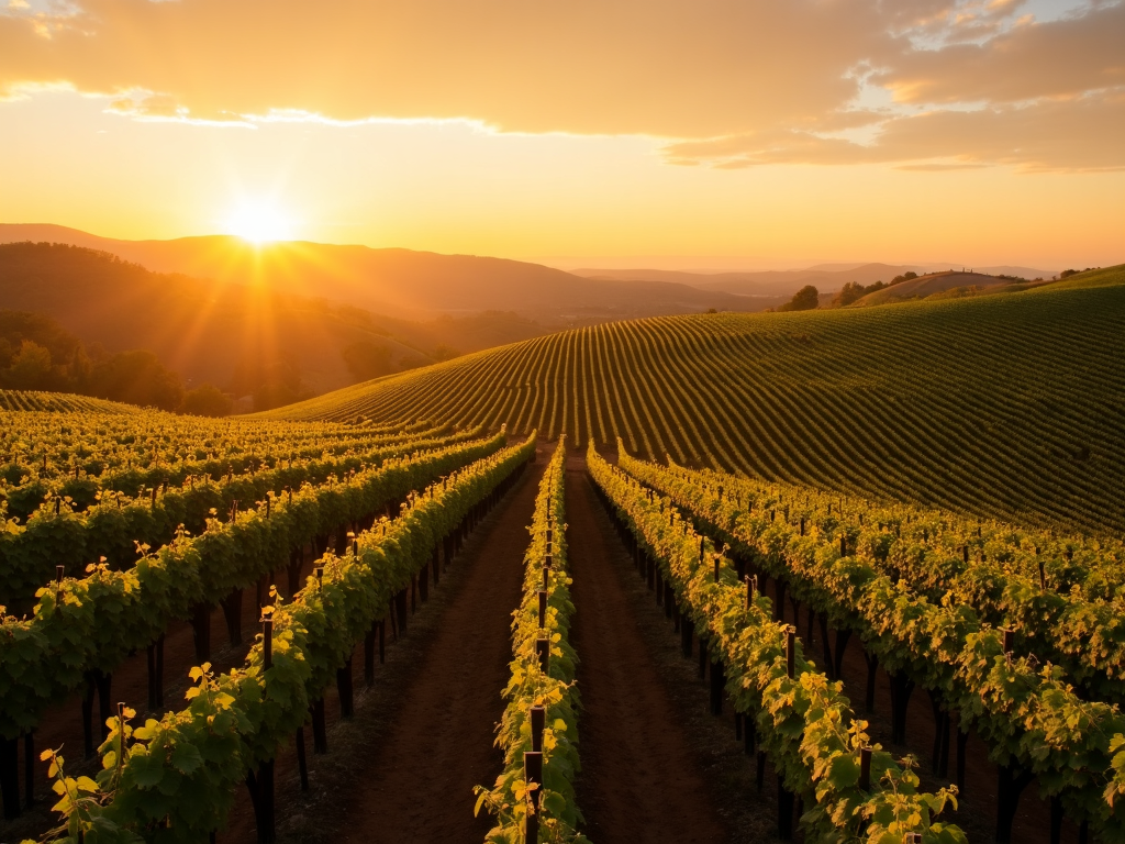 A serene vineyard landscape with rows of grapevines under a golden sunset sky.